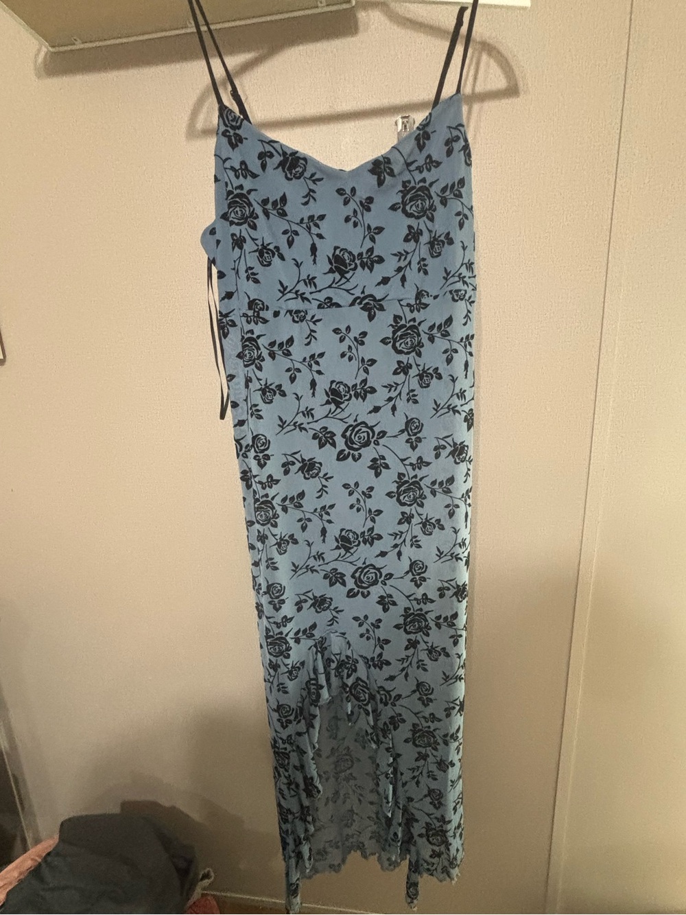 one clothing Blue Maxi Slip Dress with Black Floral Print